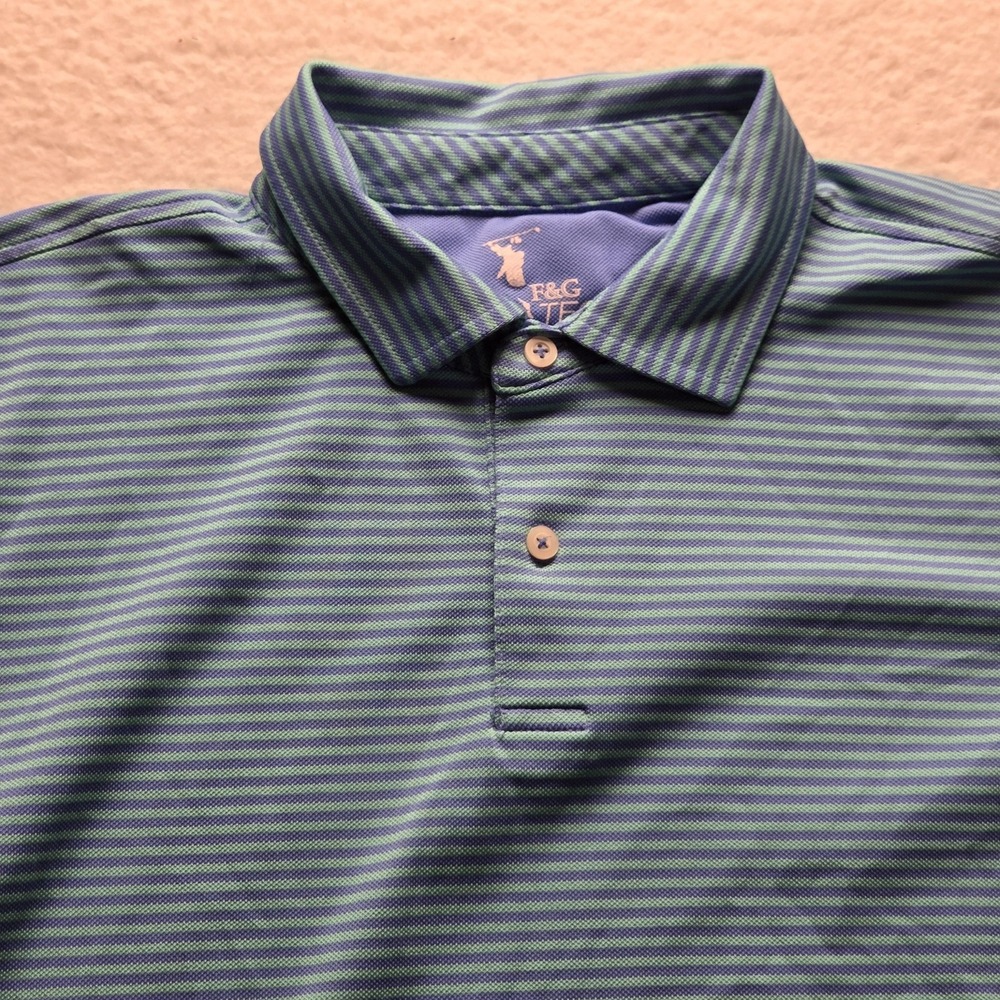F&G Tech Polo Shirt Mens L Blue Green Stripe Palma Ceia Golf Performance Top